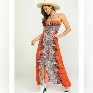Free People Morning Song Spaghetti Strap Maxi Slip Dress in Red/Orange